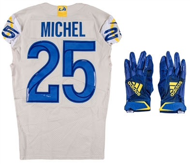 2021 Sony Michel Game Used Los Angeles Rams Alternate Bone Gray Jersey & Adidas Game Gloves (Rams COA)